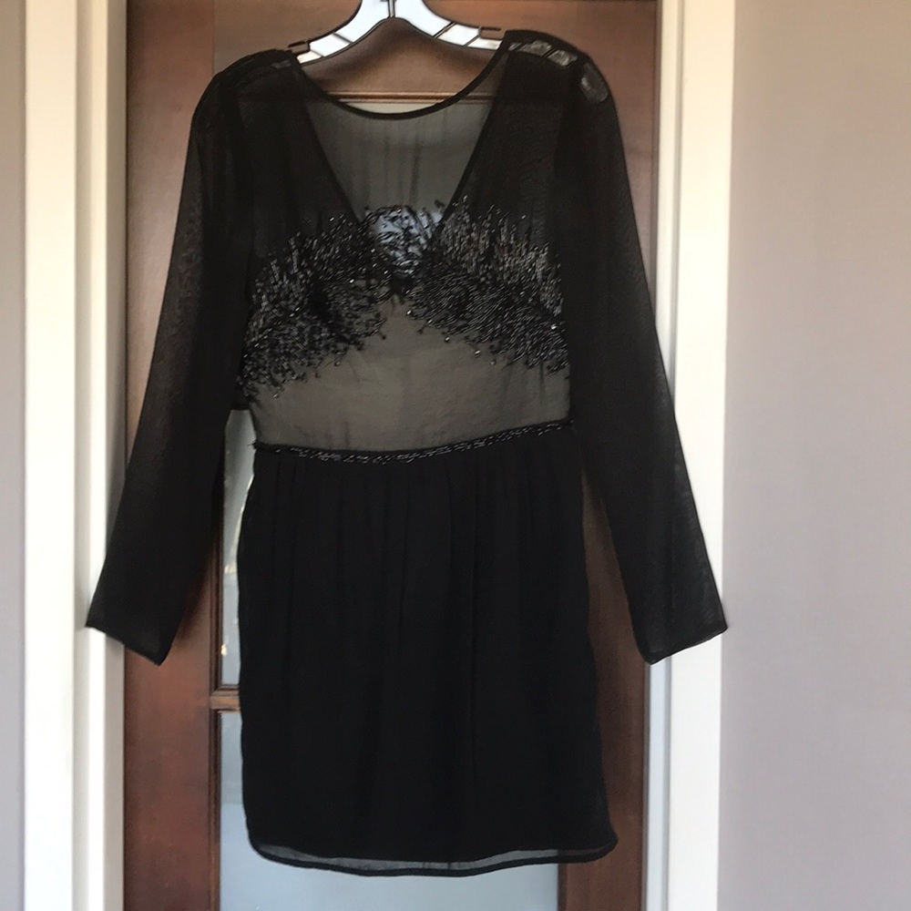 Mini black long sleeve sheer dress w beaded design